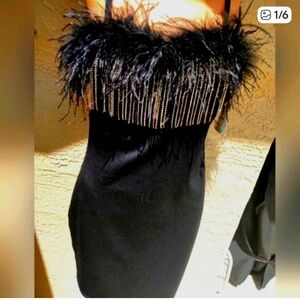 Hot & Delicious Black Strapless Feather-Trim Cocktail Dress with Beaded Fringe